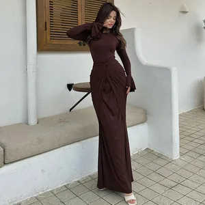 Waist Tied Long Dress Lady Elegant Round Neck Long Sleeved Knitted Kaftan Dresses Women Korean Dresses for Women