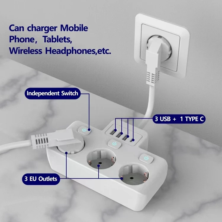 2025 New Extension Lead with USB 3 Way Power Strip with 3 USB 1 Type C EU Power Socket with Switch 10 CM Extension Cord