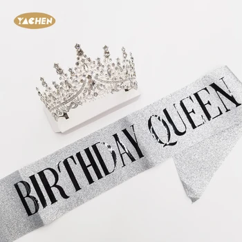 YACHEN Silver Birthday Girl Sash & Rhinestone Tiara Kit Birthday Decorations Party Favors Sash Tiara for Girl Silver Crown