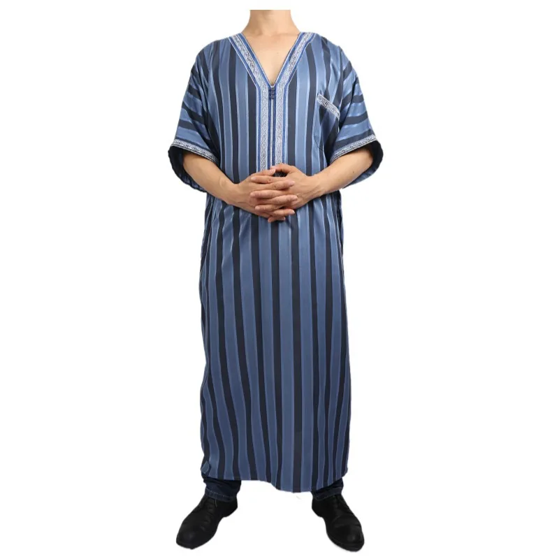 2024 Moroccan Style Men's Delicate Embroidered Caftan Stripe Pattern Short Sleeve Men Thobe Africa Clothing  Islamic Robe