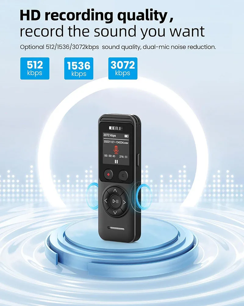 Benjie Brand High Resolution IPS Color Screen Digital Voice Recorder 32/64/128GB Memory 20-Hour Recording Time MP3 WAV for