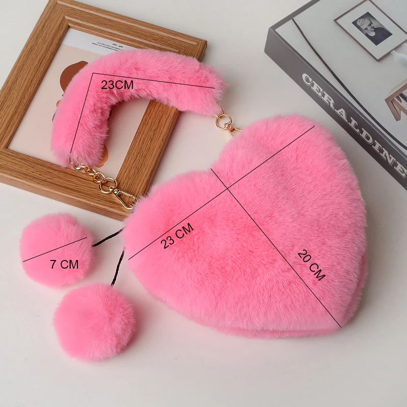 Fur Heart Purse Headband Set Vendor 2021 Faux Fur Purse Bags Designer Lady Cute Heart Shaped