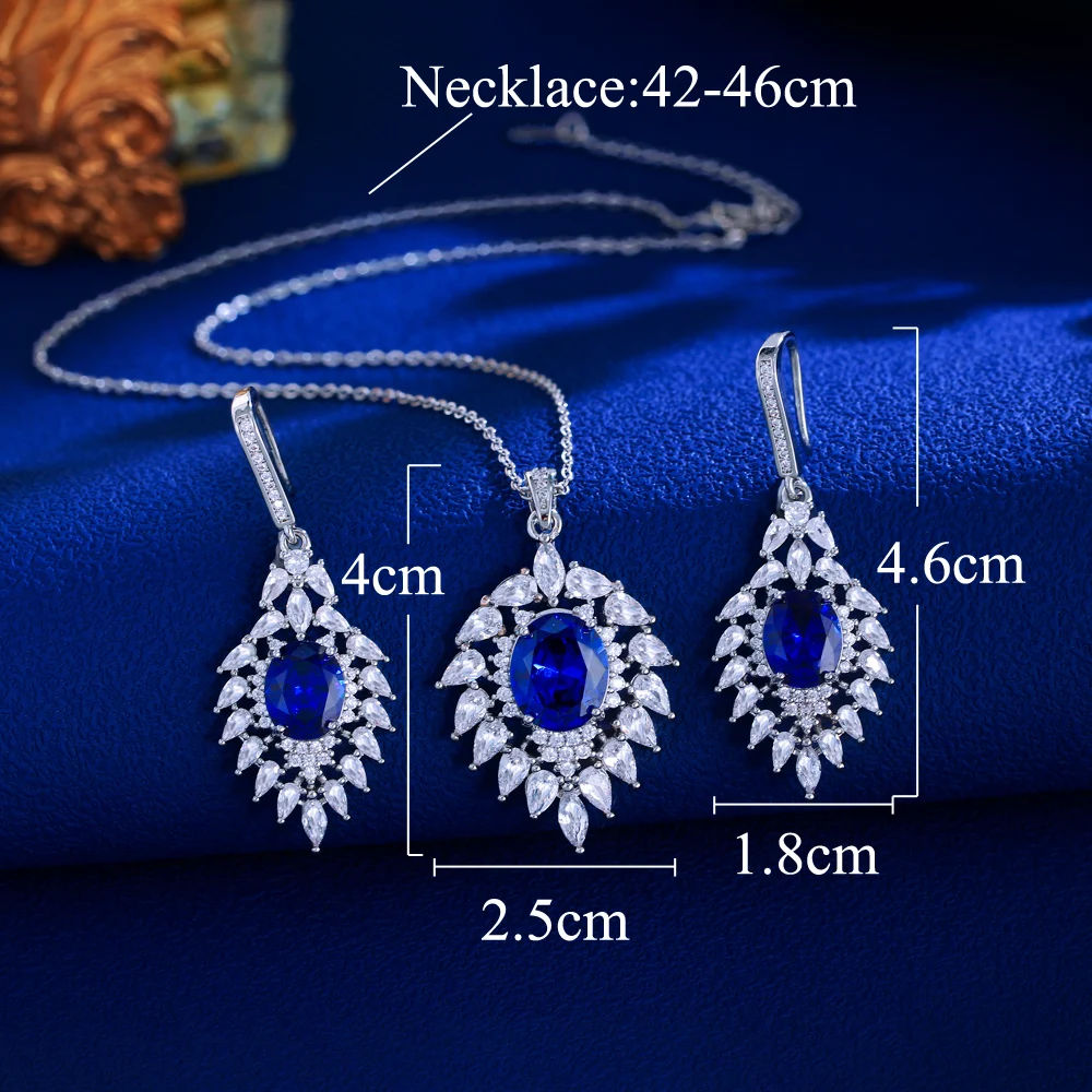 AILUOR Crown Sapphire Jewelry Set - Silver Plated Necklace & Stud Earrings With Blue Crystal