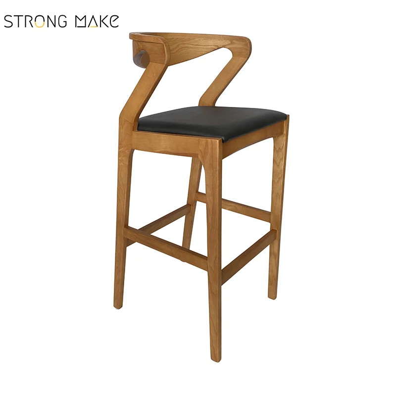 Mid Century Leather Bar Stool Solid Wood High Chair Wooden Kitchen Counter Stool Commercial Bar Stools for Bar and Restaurant