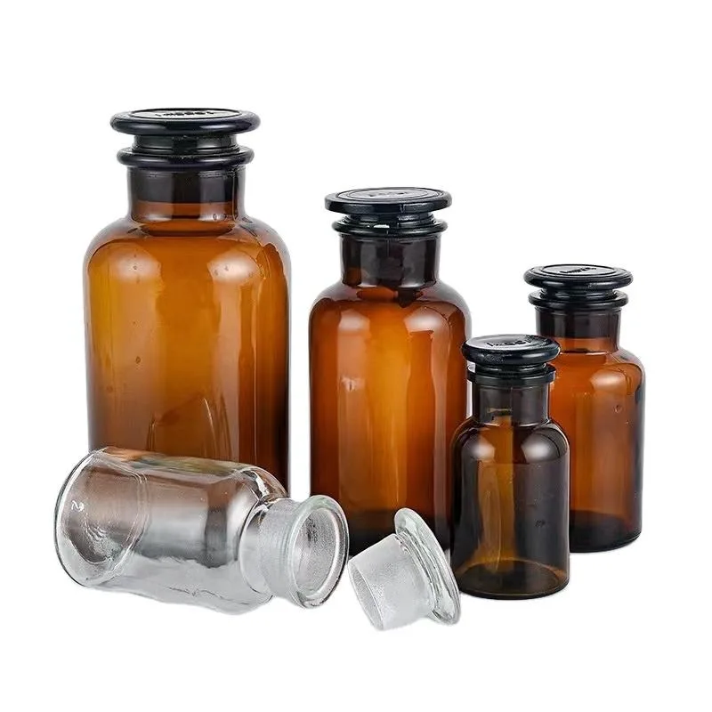 Custom 60ml 125ml 250ml 500ml Amber Brown Narrow Wide Mouth Reagent Bottle Vintage Glass Apothecary Jar With Glass Stopper