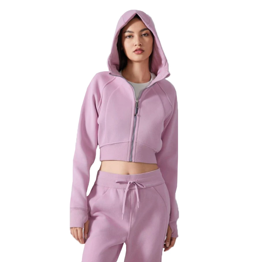 DUOLLB Custom Women's Autumn Winter Slim-Fit All-Match Fleece Short Yoga Jacket Hood Casual Cardigan Zipper with Lined Design