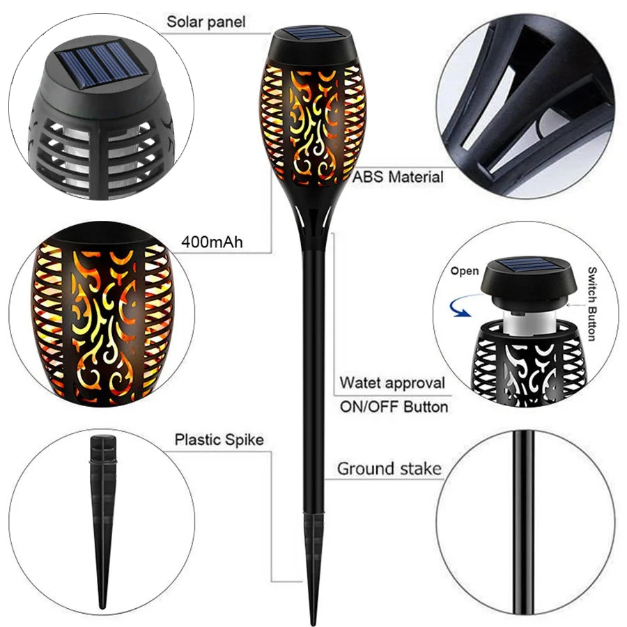 12 33 51 96 Led Solar Flame Flickering Tiki Garden Torch Night Lights For Outdoor Pathway Lights Garden  Landscape Decoration manufacture