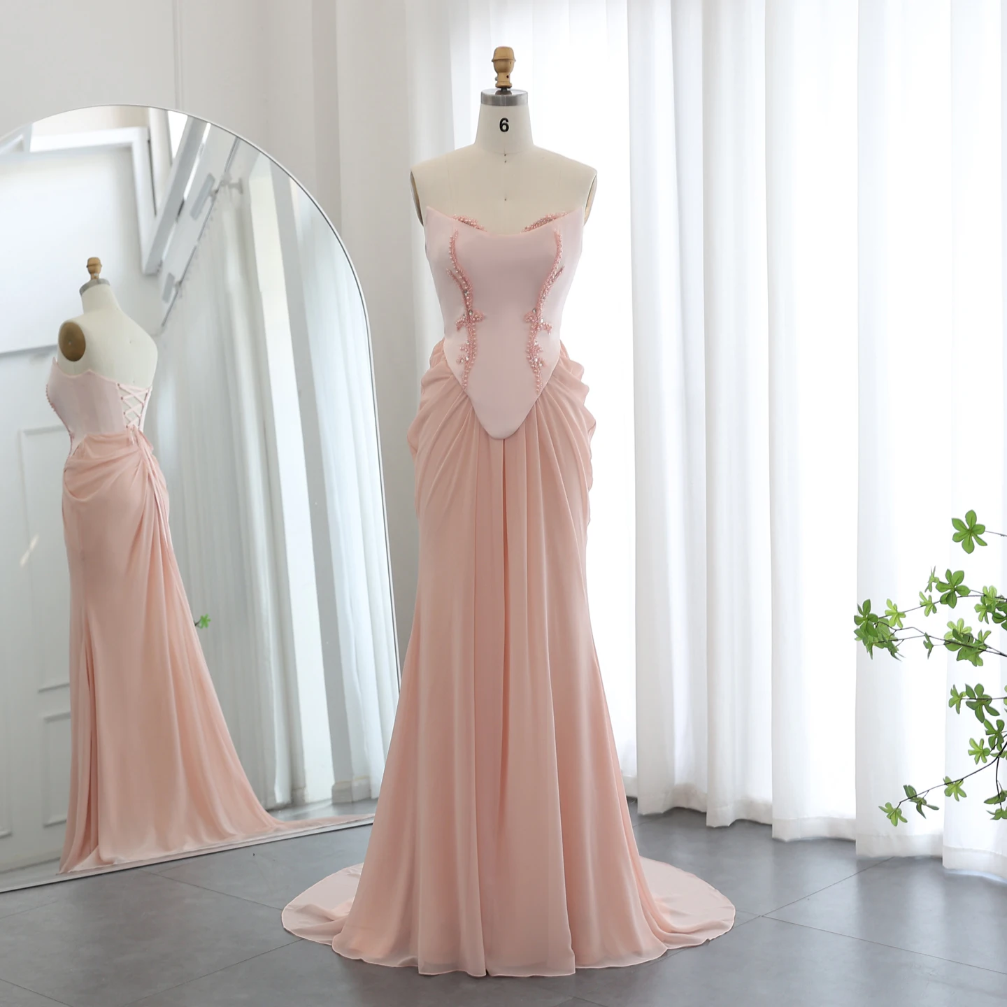 open lace back dress Strapless Blush Pink Ball Gown Wedding Dresses Organza Ruffle Wedding Dress AWD1280 main image 1