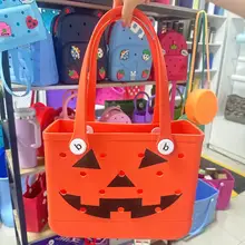 Best Selling Halloween Pumpkin Print Eva Tote Bag Silicone Summer Beach Bag Candy Holiday Rubber Handbags Celebration Bag