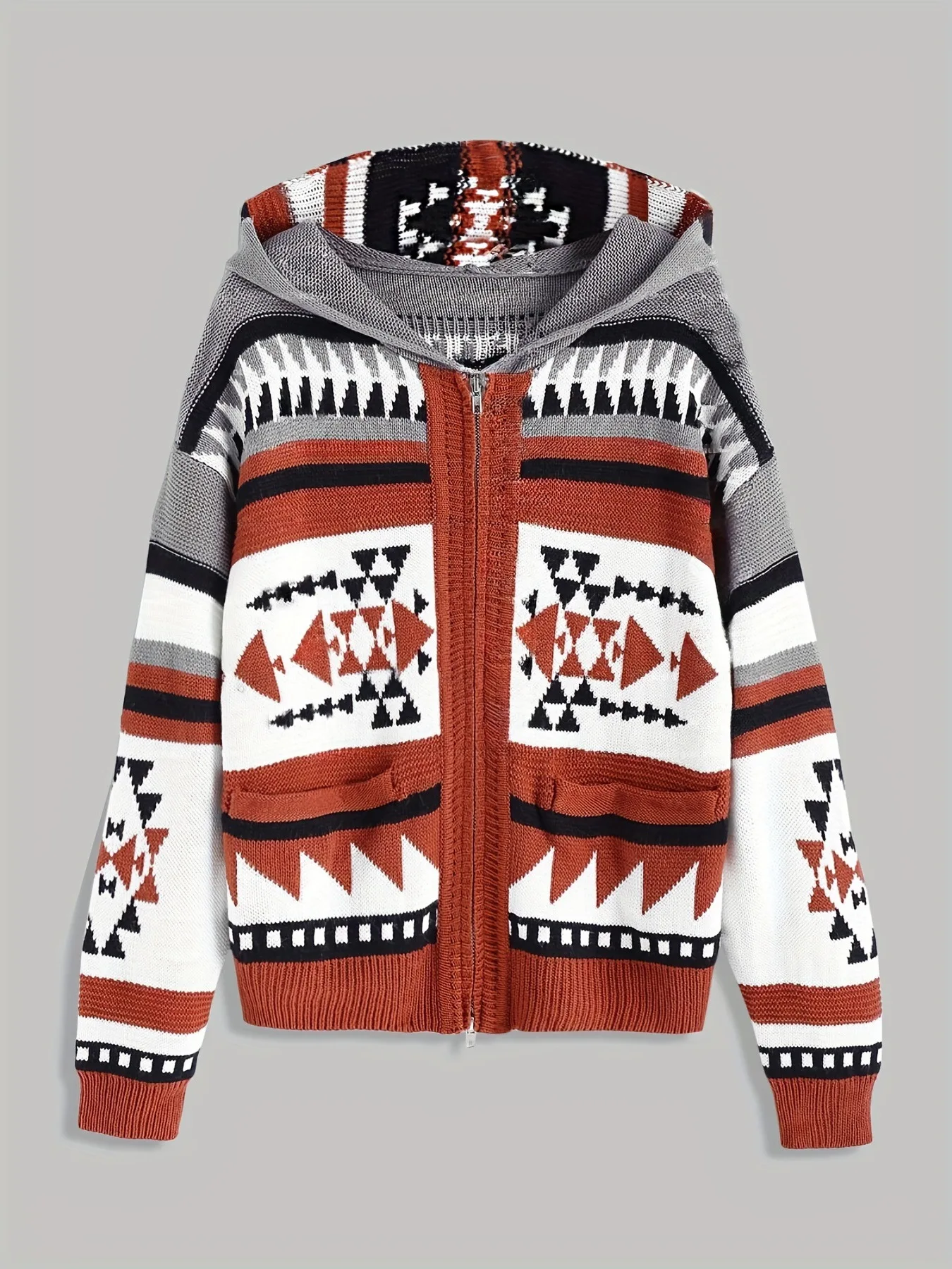 2025 Custom Vintage Aztec Style Zip up Knitted Cardigan Women's Zipper Hooded Sweater With Pockets