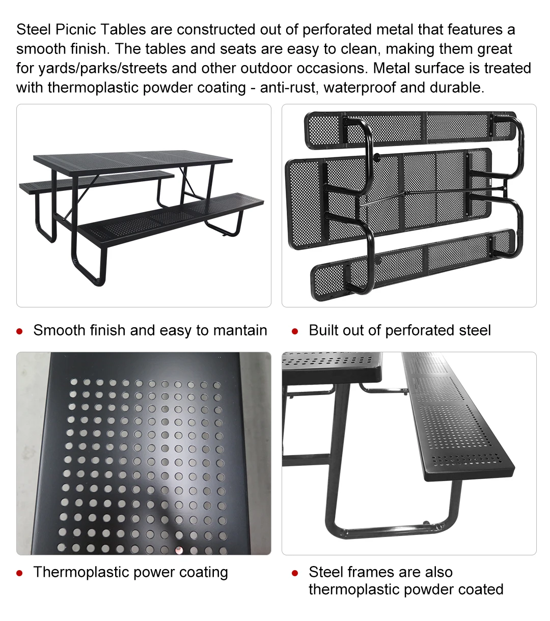 Factory Customizable Park Rectangle Perforated Steel Picnic 6 ft 8 ft Mental Camping Table Commercial Steel Outdoor Picnic Table