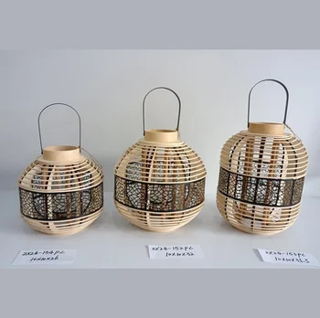 Farmhouse Home Retro Hand-woven Wind Lamp Candle Holder,Floor-standing Bamboo and Wood Crafts Lantern