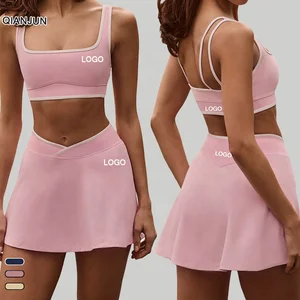 Shockproof Padded High Elastic Brushed Solid Front Fitness Top Tennis Skirt Halter Sports Bra Short Yoga Outfit Set Women