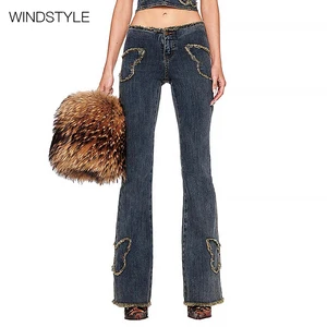 Ladies Vintage Slim-Fit Wide Leg Denim Pants Low-Rise Flared with Butterfly Embroidery Light Washed for Winter