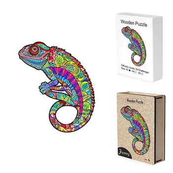 Wholesale OEM Wooden Puzzles, Chameleon Unique Animal Wood Cut Puzzles, ODM Customize Logo Wooden Jigsaw Puzzles for Adults
