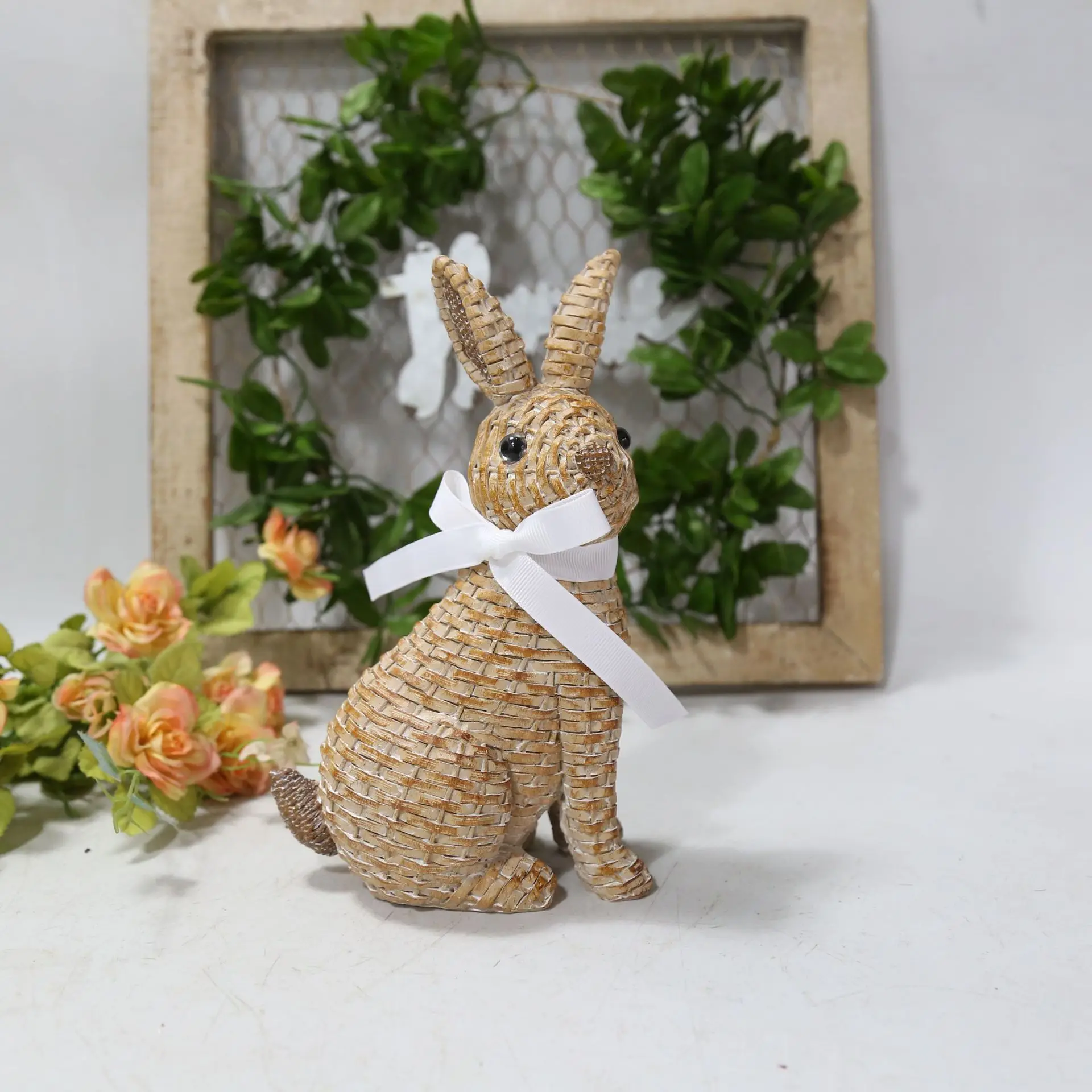 2024 Easter Small Rabbit Decoration Resin Natural Rattan Wicker Bunnies Statue Rabbit with White Bow Polyresin Home Decoration