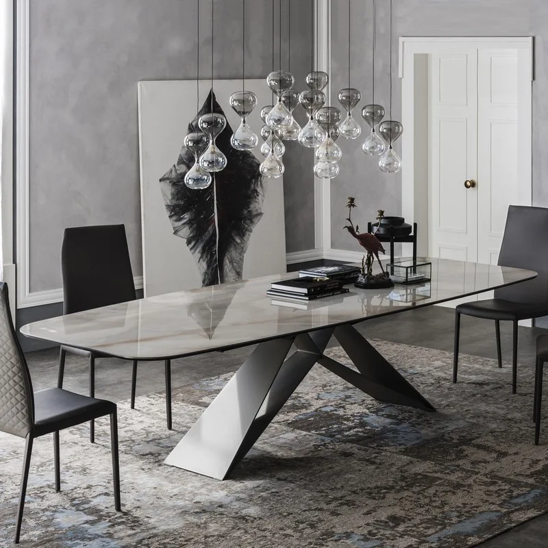 Beston Italian Modern Home Furniture Dining Room Set Stainless Steel Leg  Light Luxury Marble Household Rectangle Dining Table