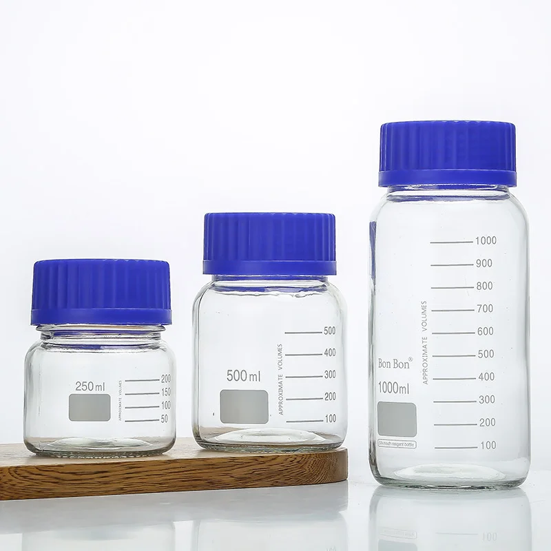 Factory Wide Mouth 1 Liter Lab Glass Reagent Bottle 1000ml Borosilicate Media Storage Jar With Blue Screw Cap