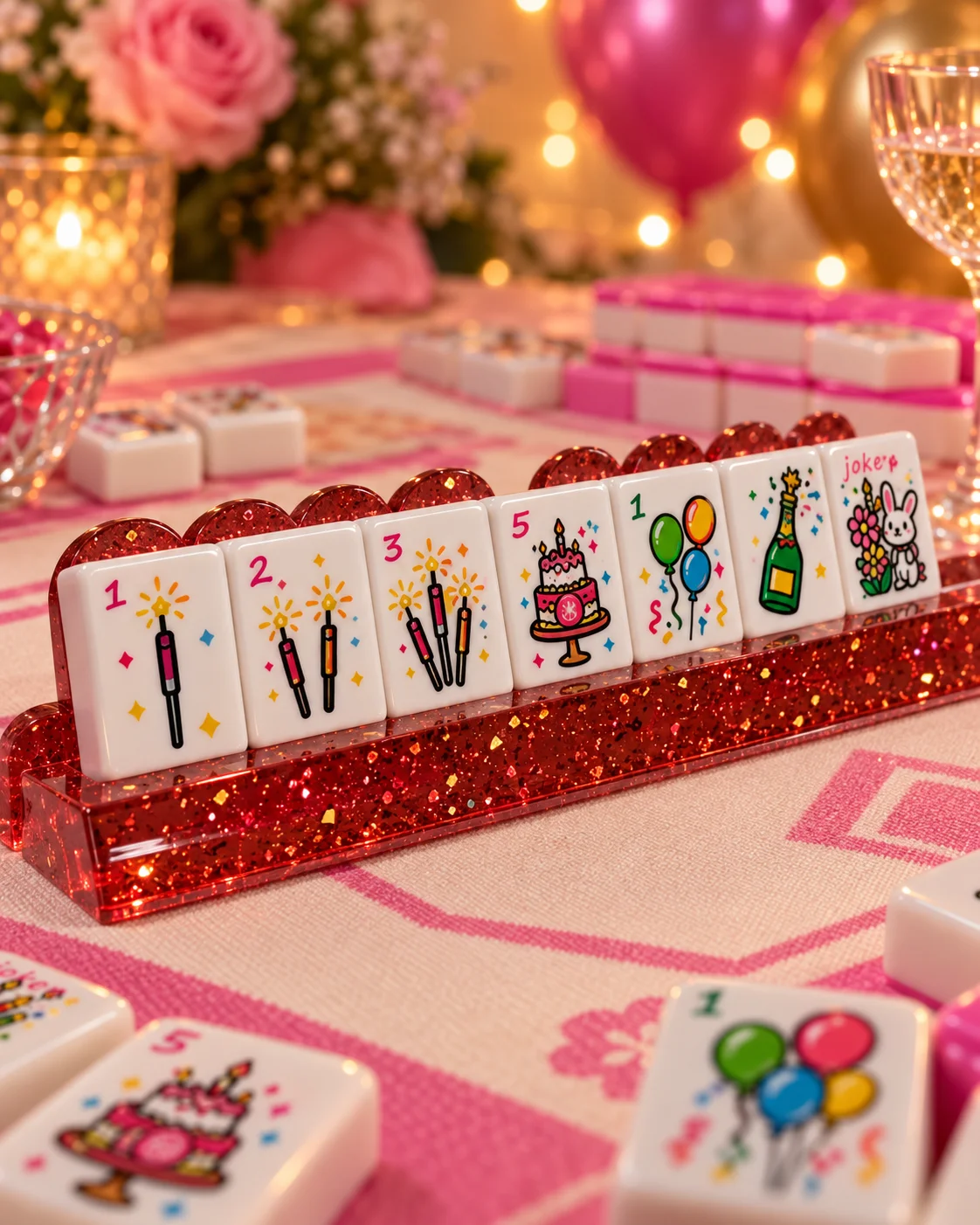 Luxury Modern Custom Printed Mahjong Tiles Set with Pink Glitter Acrylic Racks Party Theme Mini Game Holiday Gift