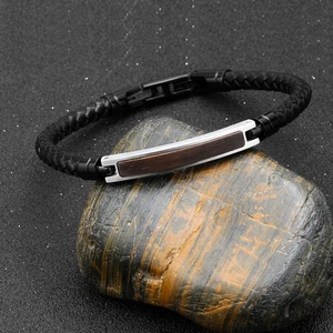 Two Tone 6mm Black Braided Leather Wrap Bracelet with Stainless Steel Ebony Wood Inlay Wooden Stainless Steel Leather Bracelet