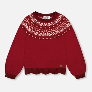 Custom Knit Children Winter Plus Size Girls Red Flower Hand Embroidery Cotton Pullover Toddler Kids Sweaters Factory
