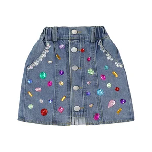 Customizable Girls Colorful Rhinestone Decoration Front Button Design Denim Skirt
