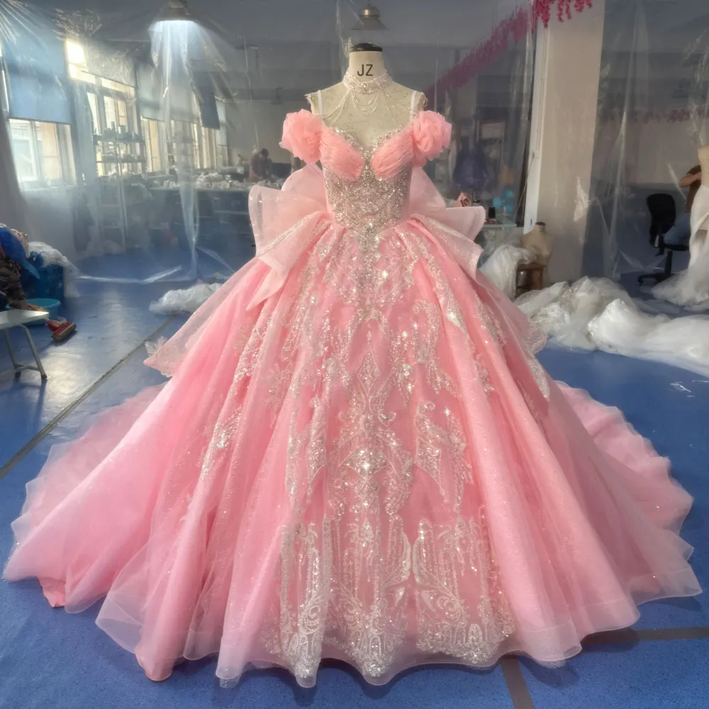 Gorgeous Pink Modern Ball Gown Wedding Dresses Long Sleeve Chapel Train  Floor-Length Sweetheart Neckline Backless Appliques Lace