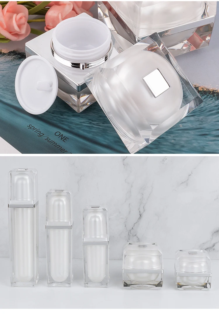 Luxury acrylic bottles jar white coemtic packaging set clear dropper bottle for essential oil skin care cream supplier