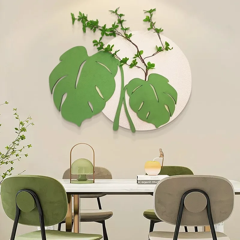 Green Monstera Wall DecorTextured Circular Backdrop Minimalist Wabi Sabi Plant Art Neutral Beige Living Room Kitchen Home Decor