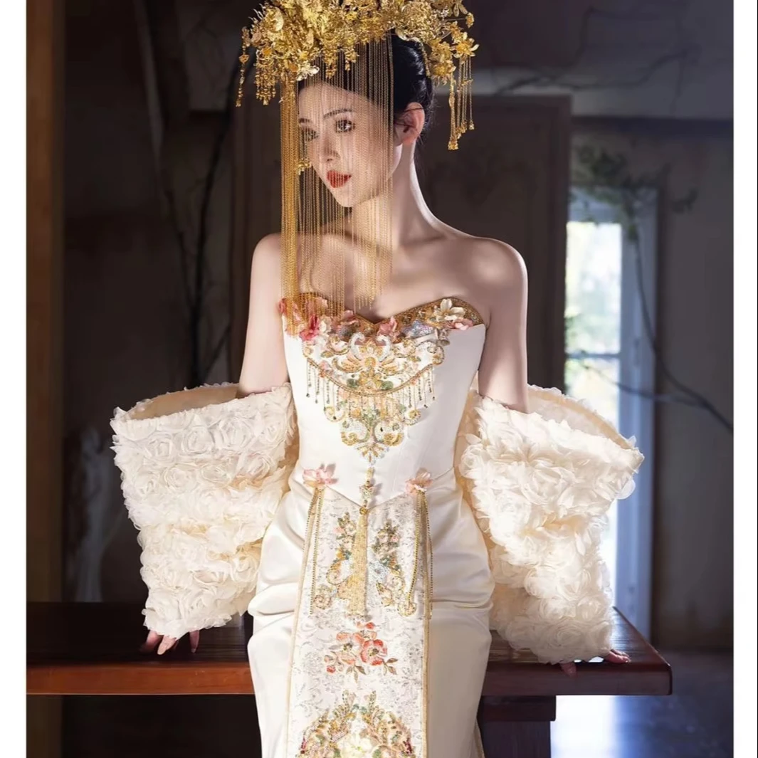 S1832L One-piece Dropshipping High-end Bridal Toast Dress, Chinese-style  Kimono, Chinese-style Cheongsam Bridal Wedding Dress