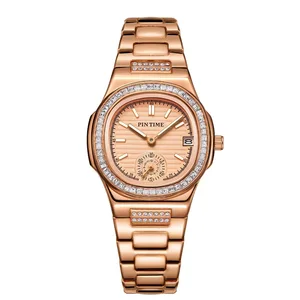 Classic Round Quartz Bling Diamond Women Watch Large Diamond Ring Rose Gold Steel Strip Fashion Business Casual Style
