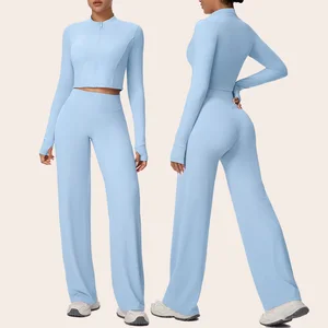 Women Gym Fitness Suit 2 Piece Clothing Yoga Jacket Set Wide Legged Leggings Yoga Pilates Set with Jacket