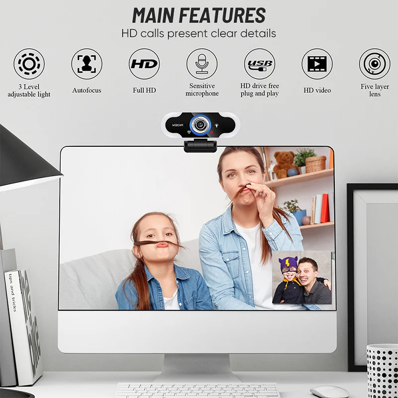 Новейшая HD веб-камера, сенсорное управление, регулировка яркости, автофокус, USB-камера с микрофоном для ПК, ноутбука, веб-камера 2K