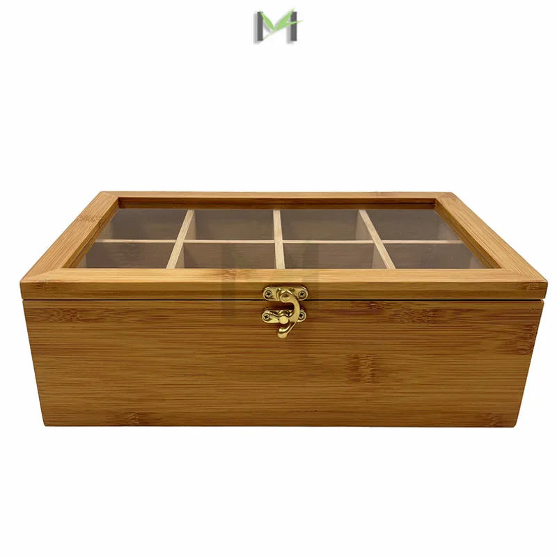 Adjustable 8 Compartments Bamboo Tea Box With Lock,Natural Bamboo Tea