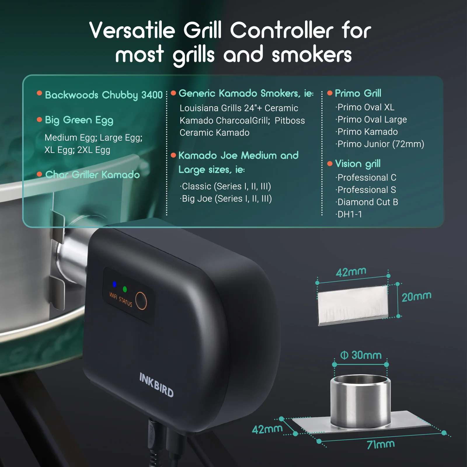 INKBIRD ISC-027W Wifi and BT BBQ Automatic Temperature Controller with Fan for Kettle Grill, Kamado Grill, Green Egg