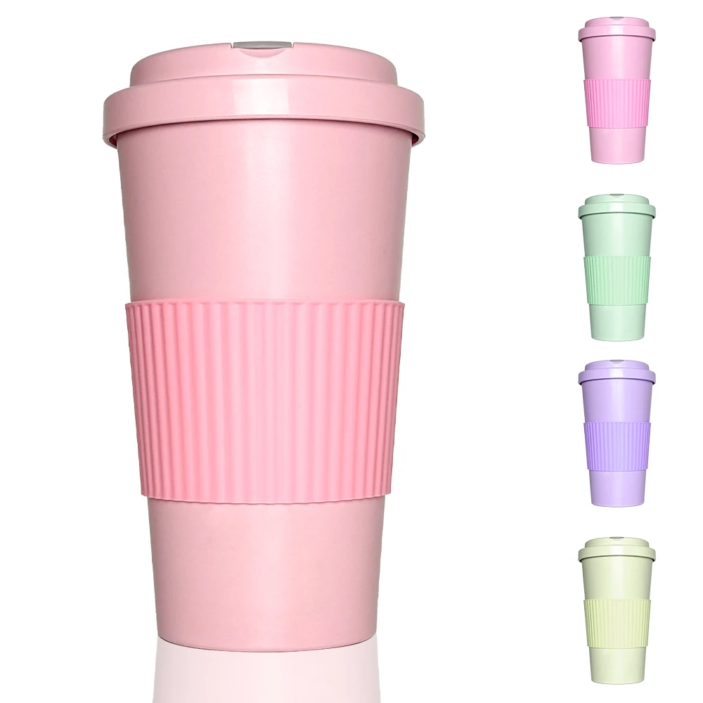 Large Volume 20oz Recycle Bamboo Fiber Coffee Water Cup Tumbler Screwed Lid Two Ways of Drinking Silicone Band Heat-insulated