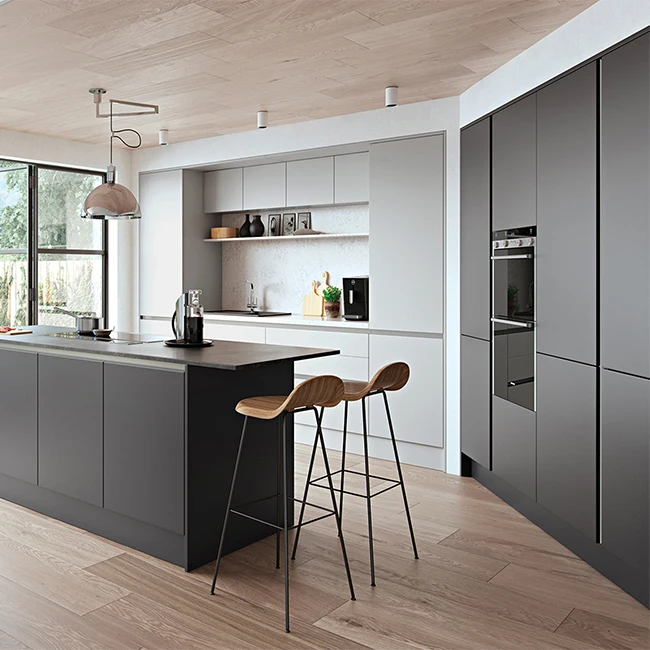 Matte Finish Handleless Kitchen Cabinet With Lacquer And Laminate - Buy ...