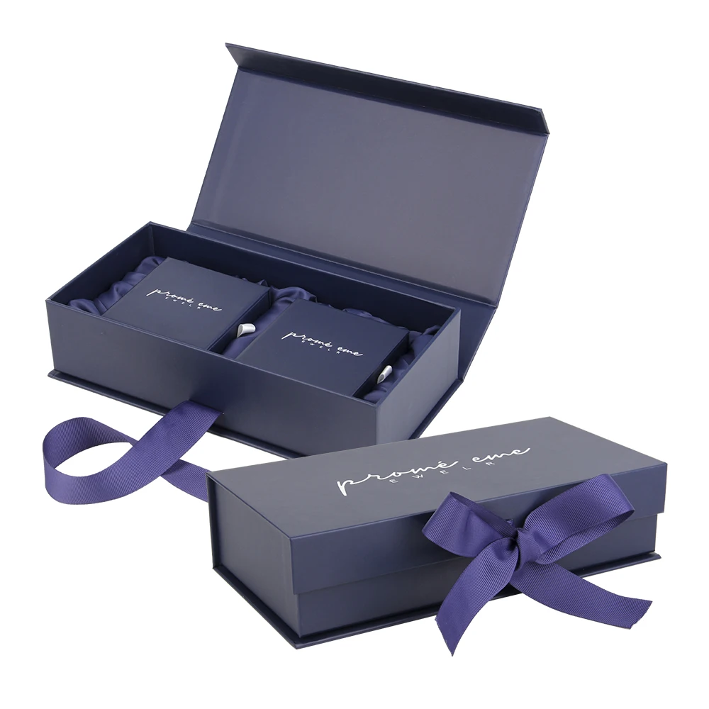 Eco Paper Luxury Blue Jewelry Box Packaging Custom logo Jewellery Magnetic Gift Boxes with Ribbon