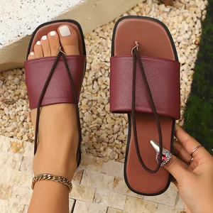 Hot Sale Wholesale PU Leather Outdoor Flat Sandals with Square Toe Big Size Slide Women Slippers Fashion Sandals