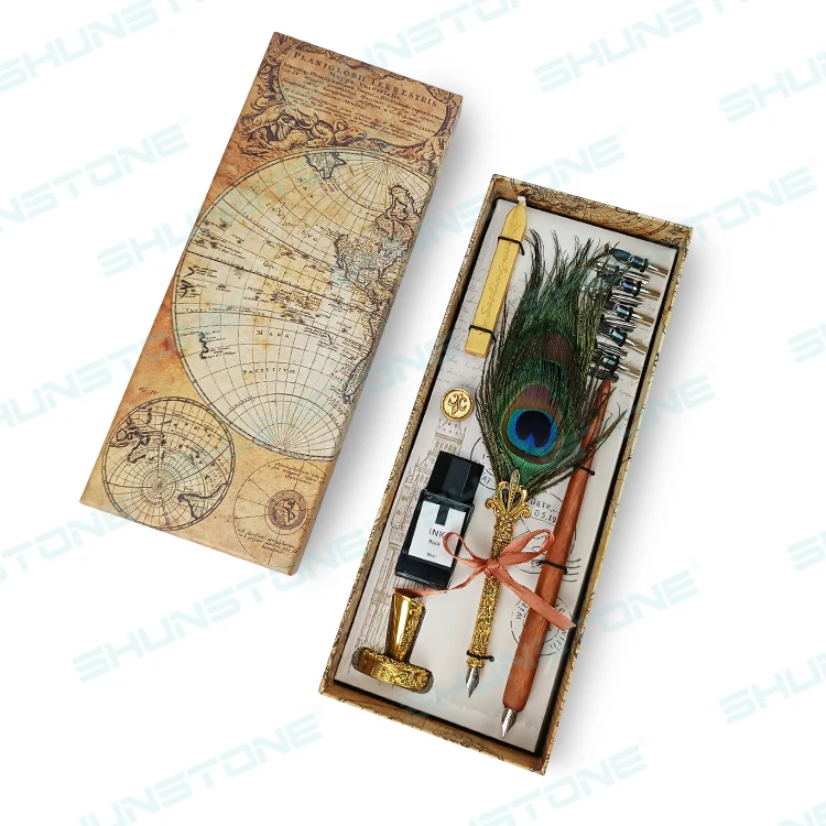 Beautiful Peacock Feather Dip Pen Ink Set Sealing Wax Set With Gift Box ...