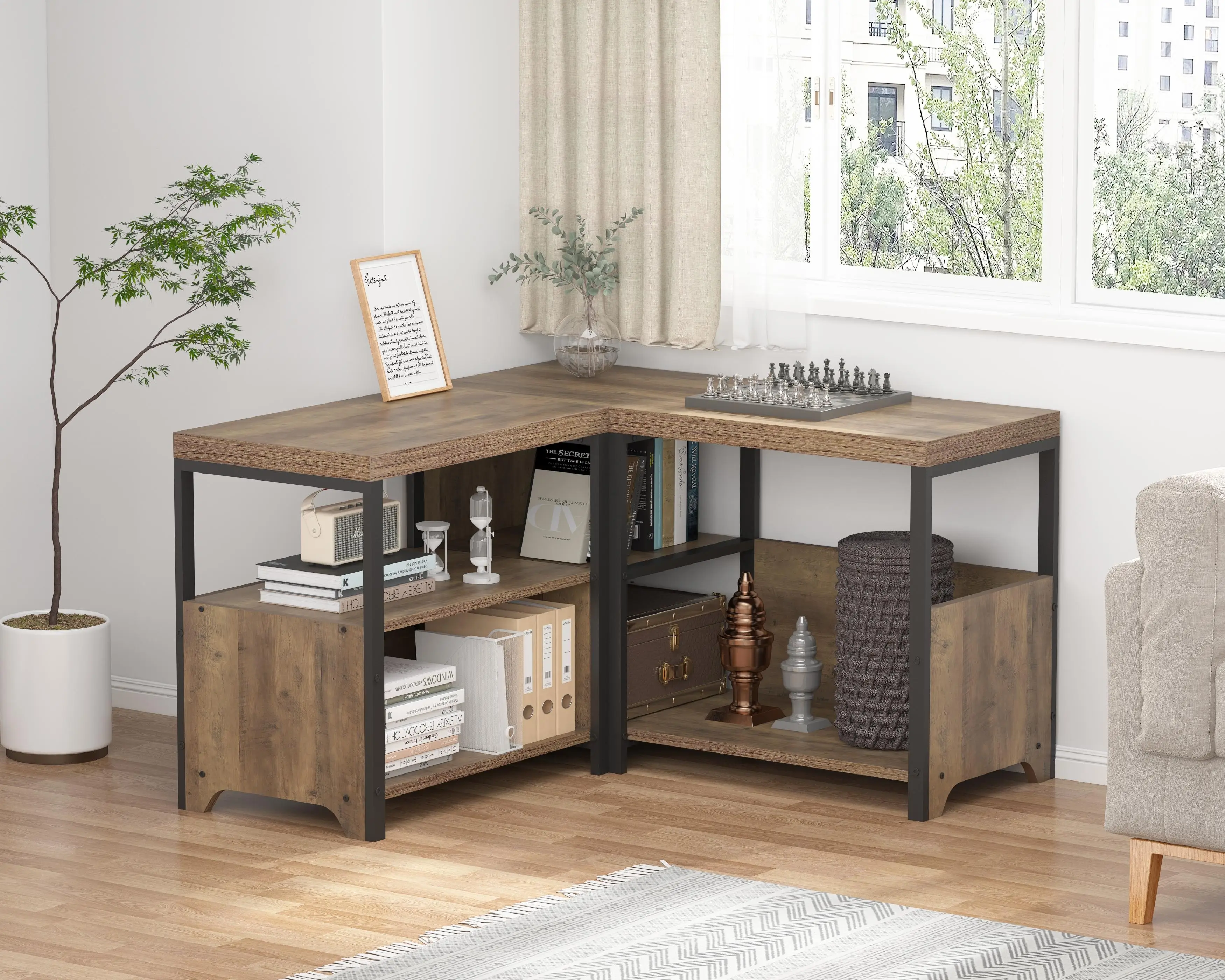 Rustic Corner Convertible Storage Bench Wooden Metal L Shaped Table Bench Shoe Bench for Home