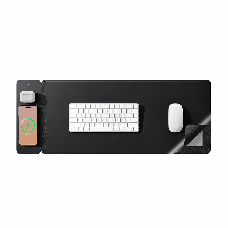 Kundenspezifisches Logo, reisetauglich, wasserdicht, rutschfeste Unterlage für Büro- und Gaming-Arbeitsplatz aus veganem Leder, Hülle für Laptop mit smarten Funktionen und drahtlosem Laden