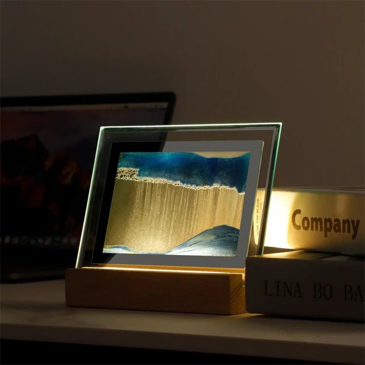3d Moving Sand Art Rotating Wood Base Sand Painting Flowing Sand Picture Dynamic Display Led Night Light for Kids Gifts