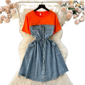 Short-Sleeved A-Line T-Shirt Neck Natural Waistline Denim Dress with Digital Printed Splicing Casual Dresses