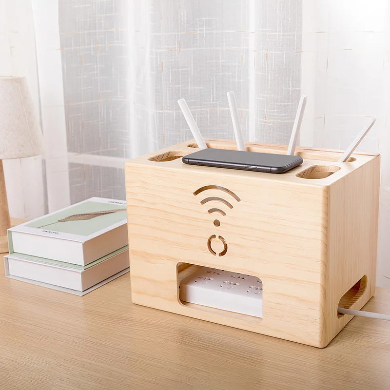 Solid Wood Wireless Router Storage Box Wifi Power Wire Storage Shelf Wood WiFi Box Hider Router Organizer
