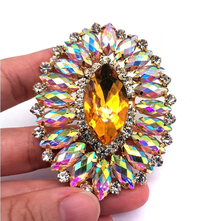 Custom Sew on Acrylic Rhinestone Appliques Flatback Oval Rhinestone Brooch