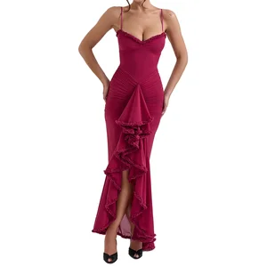 Hot Sale Elegant Sleeveless Midi Dress Wine Ruffled Front Gown Pleated Details High Quality Top Square Puff Washable Mesh Dress
