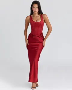 Ruched Sexy Maxi Dress Women Gown Elegant Square Collar Sleeveless High Waist Bodycon Club Party Long Dresses