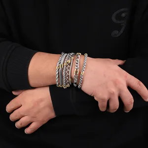 MW Wholesale Men's Vintage Geometric Stainless Steel Cuban Chain Bracelet DoubleColored Twisted Snake Design Silver Gold Fashion