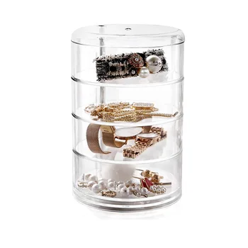 4-Tier Stackable round Clear Plastic Jewelry Storage Tray Rotating Small Cylindrical Case with Lid for Living Room Wardrobe Use